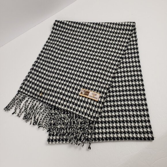Kennedy Scotland 100% Cashmere Scarf Black White Houndstooth Fringe - Picture 1 of 8